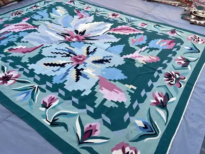 9x12 Afghan Kilim Rug | Handmade Floral Flat Weave Carpet | Pastel Boho Wool Rug | Vintage Botanical Living Ro