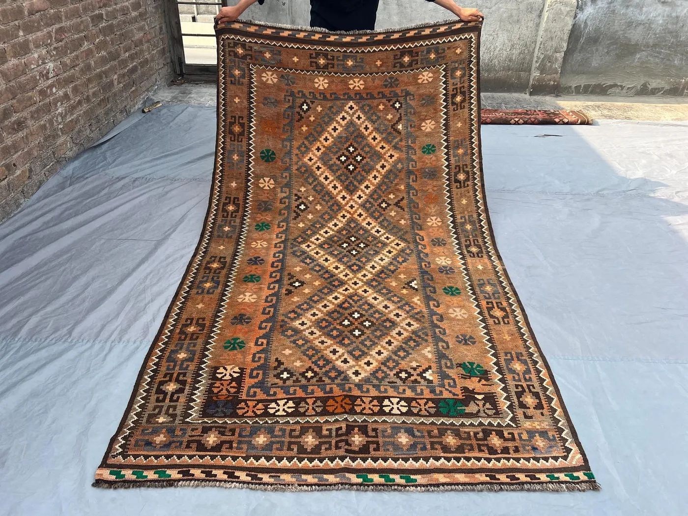 5x9 Ft Vintage Afghan Kilim Rug, Handwoven Flat Weave Wool Carpet, Terracotta Brown Beige Tribal Geometric Oriental Area Rug, Bedroom Rug
