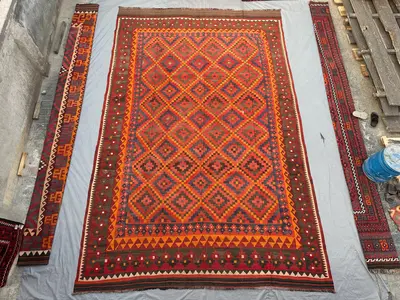 10x16 Antique Kilim Rug, Handwoven Flat Weave Carpet, Oversized Orange Geometric Carpet | Oriental Area Rug, P