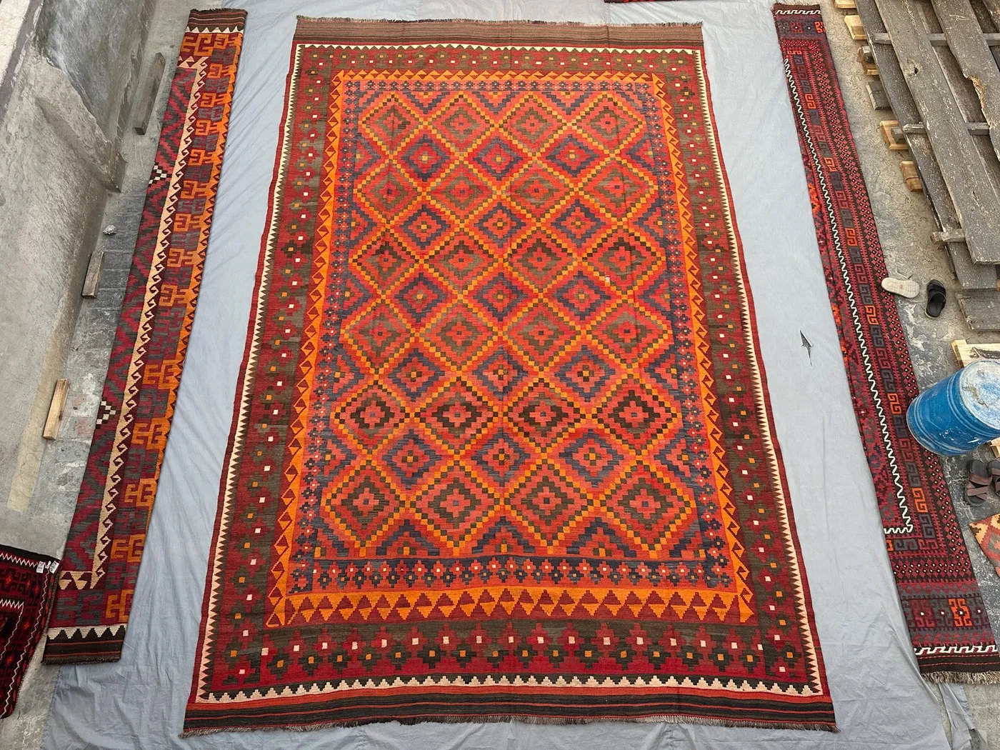 10x16 Antique Kilim Rug, Handwoven Flat Weave Carpet, Oversized Orange Geometric Carpet | Oriental Area Rug, Palace Baho Style Vintage Decor
