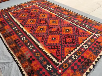 7x10 Antique Afghan Kilim Rug – Handwoven Flat Weave Tribal Carpet, Colorful Geometric Pattern, Bohemian Vinta