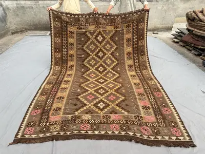 6'6 x 9'3 ft Antique Afghan Kilim Rug, Handwoven Flatweave, Faded Terracotta, Brown, Beige, Pink Accents, Vint