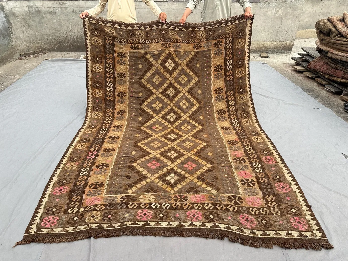 6'6 x 9'3 ft Antique Afghan Kilim Rug, Handwoven Flatweave, Faded Terracotta, Brown, Beige, Pink Accents, Vintage Tribal Carpet, Bedroom rug