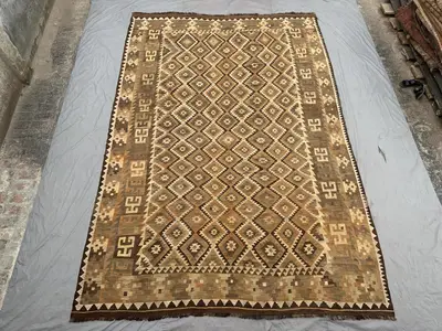 10 x 15 Antique Afghan Kilim Rug, Handwoven Flatweave Area Rug, Faded Terracotta, Beige, Cream, Brown Rug, Ove
