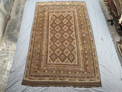 9'5x15'4 Antique Handmade Kilim Rug, Rare Oversized Flatweave Rug, Old Faded Terracotta, Brown, Olive, Beige B