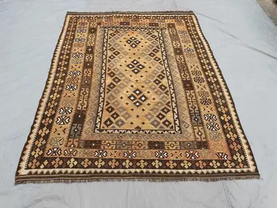 6'6x8'2 Antique Afghan Kilim Rug, Handwoven Flatweave, Faded Beige, Brown, Golden, Terracotta, Tribal Geometri