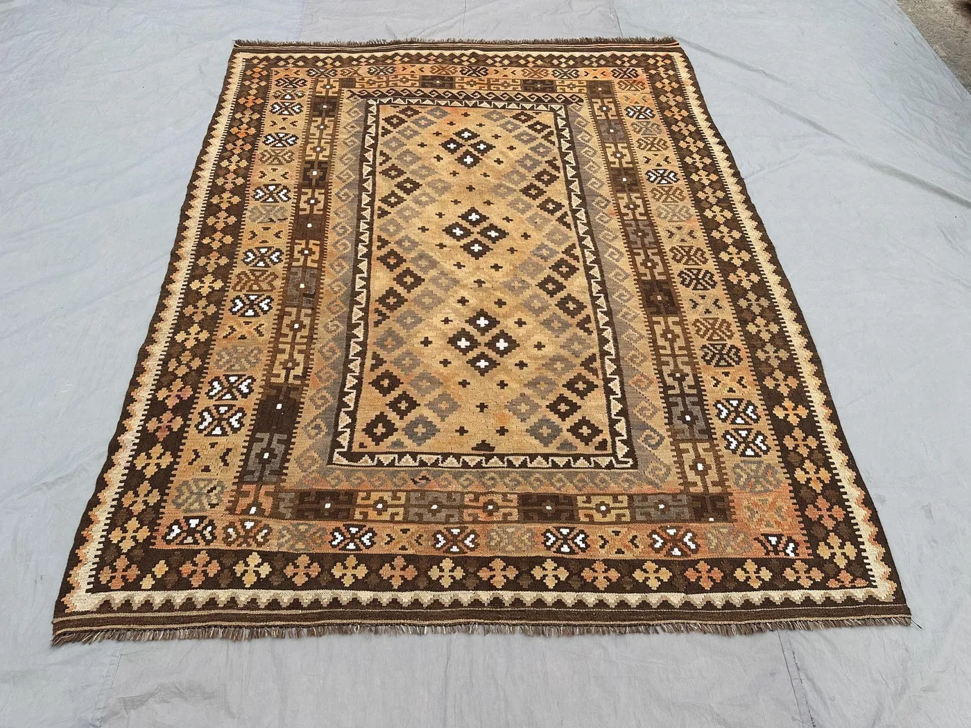 6'6x8'2 Antique Afghan Kilim Rug, Handwoven Flatweave, Faded Beige, Brown, Golden, Terracotta, Tribal Geometric Vintage Carpet, Bedroom Rug