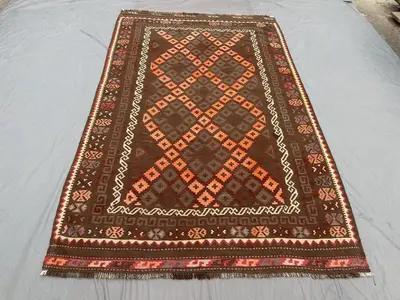 6'2 x 9'10 ft Antique Afghan Kilim Rug, Handwoven Flatweave Area Rug, Tribal Brown, Terracotta, Red, Ivory, Fa