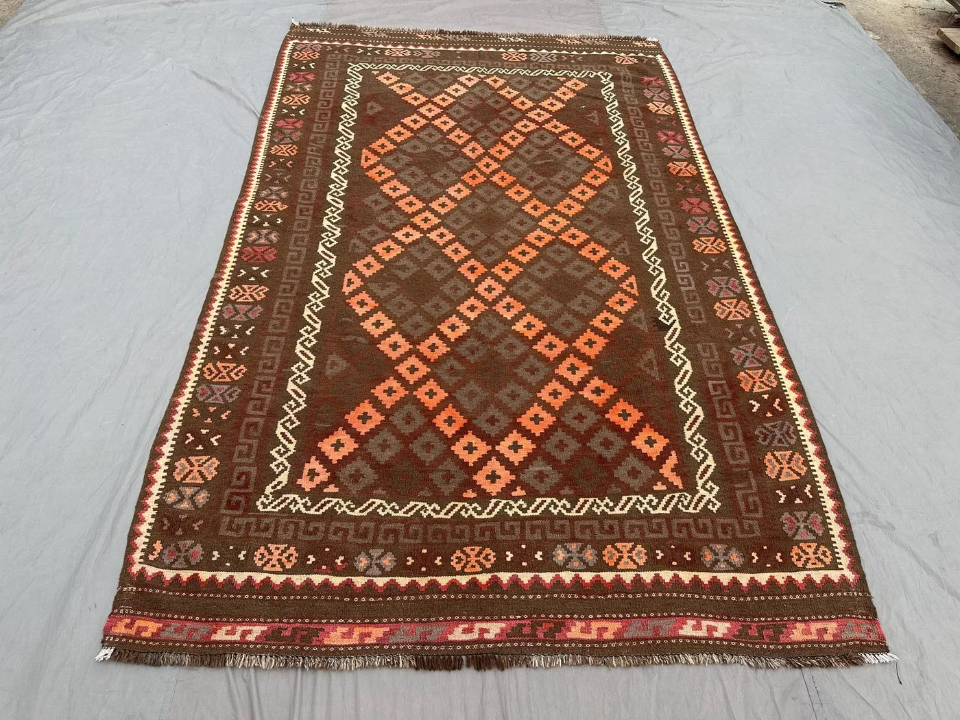 6'2 x 9'10 ft Antique Afghan Kilim Rug, Handwoven Flatweave Area Rug, Tribal Brown, Terracotta, Red, Ivory, Faded Vintage Bohemian Carpet