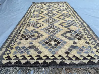 Vintage Afghan Flat-Weave Kilim Ru, 3'4x6'3 ft Handmade Wool Carpet, Faded Turkmen Tribal Geometric Rug Terrac