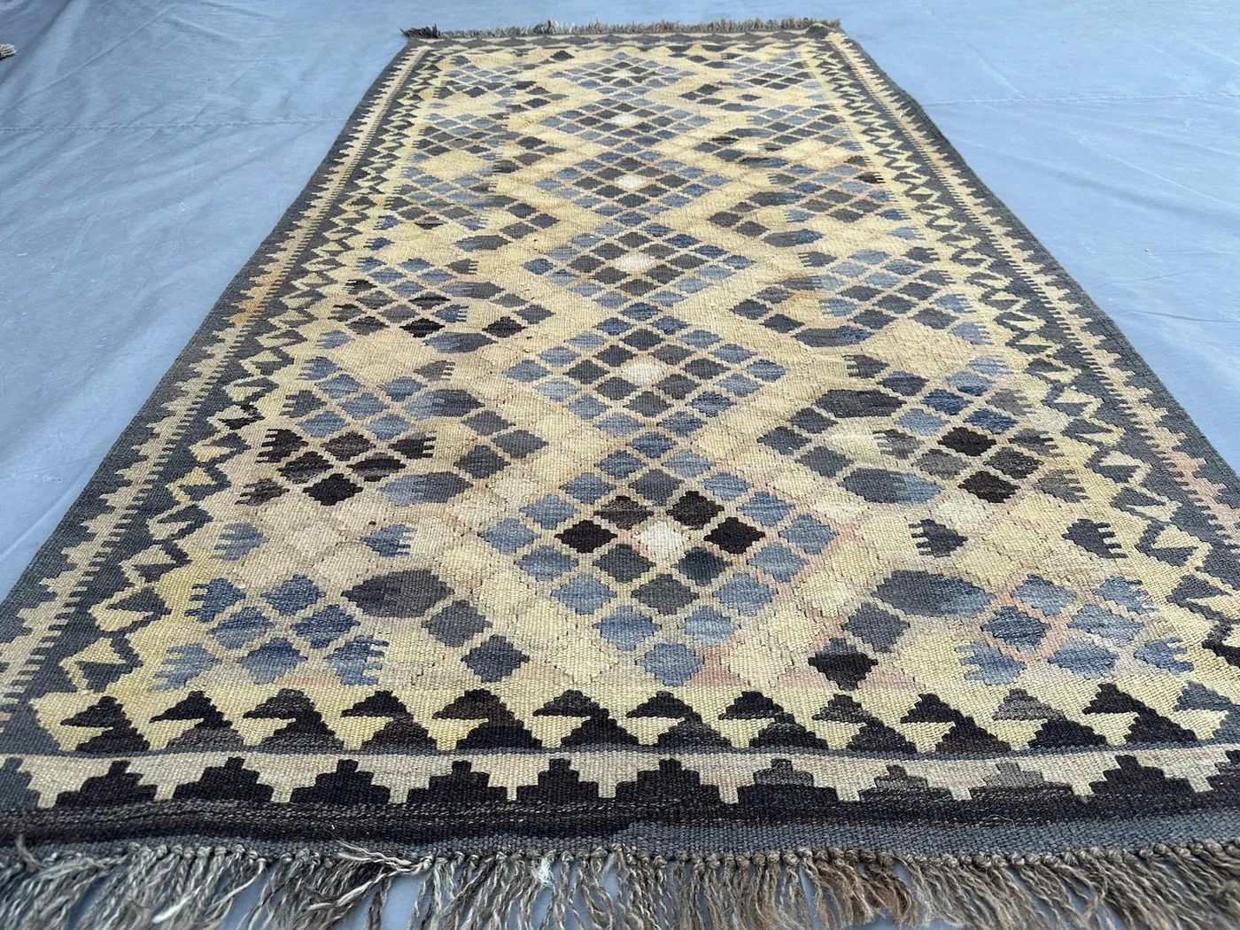 Vintage Afghan Flat-Weave Kilim Ru, 3'4x6'3 ft Handmade Wool Carpet, Faded Turkmen Tribal Geometric Rug Terracotta Turkish-Style Kitchen Rug