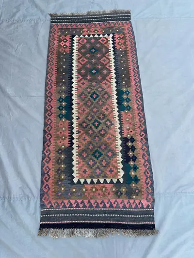 Vintage Afghan Flat-Weave Kilim Ru, 2'4x5'6 ft Handmade Wool Carpet, Faded Turkmen Tribal Geometric Rug Terrac