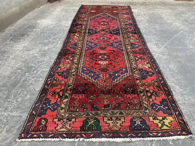 3'6x9'5 ft Antique Afghan Handmade Tribal Runner Rug Turkmen Wide Hallway Wool Rug Geometric Pattern Vintage C