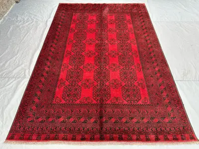 7 x 10 ft Vintage Afghan Hand Knotted Turkoman Esari Red Rug, Large Oriental rug, Soft Pile Geometric Tribal A