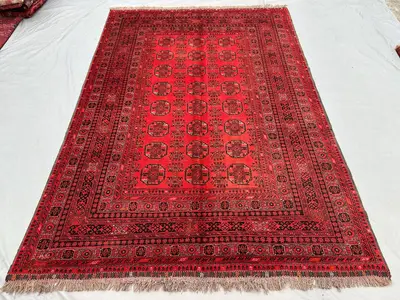 7 x 9 ft Afghan Hand Knotted Vintage Turkoman Bokhara Elephant Foot Rug Red Geometric Tribal Wool Large Soft P