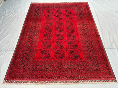 7 x 9 Vintage Afghan Hand Knotted, Turkoman Bukhara Rug, Elephant Foot Design Red Black Tribal Wool rug Soft P