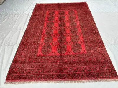7 x 10 ft Afghan Hand Knotted Vintage Turkoman Bokhara Elephant Foot Rug Red Tribal Geometric Soft Wool Large 
