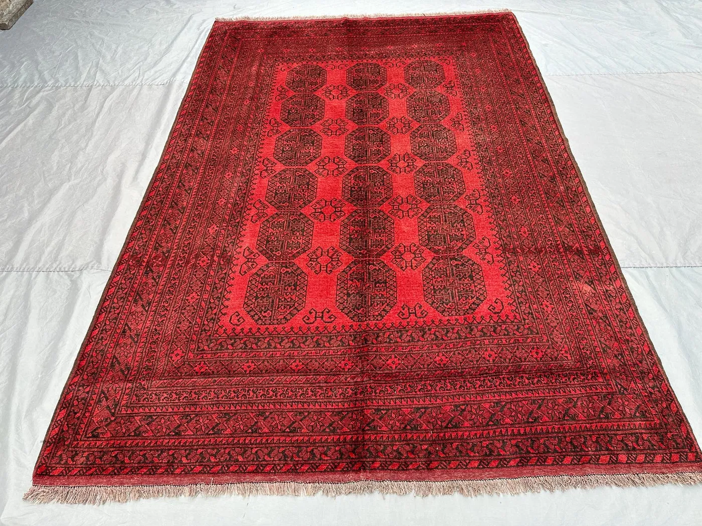 7 x 10 ft Afghan Hand Knotted Vintage Turkoman Bokhara Elephant Foot Rug Red Tribal Geometric Soft Wool Large Area rug | farmhouse decor rug