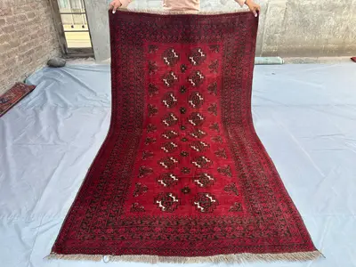 Antique Afghan Ersari Wool Rug 4'5" x 7'7" ft Tribal Zahir Shahi Design Geometric Red Vintage Area Carpet, One