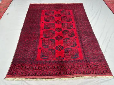 6.7 x 9.4 ft Vintage Bokhara Rug, Hand Knotted Wool Carpet, Elephant Foot Design, Soft Pile, Tribal Red Orient