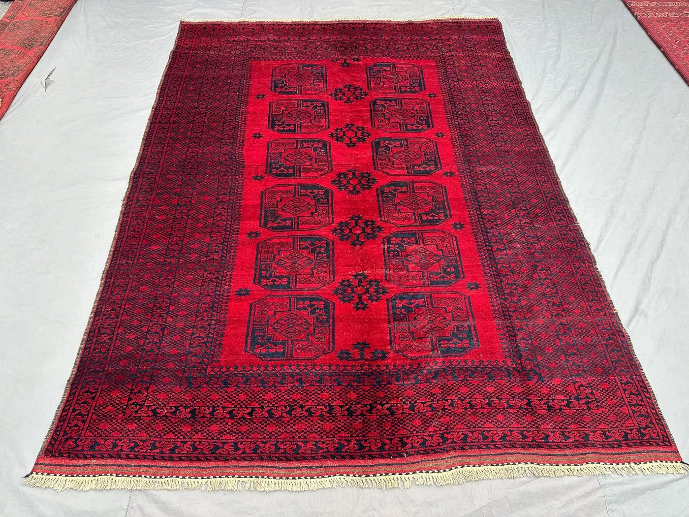 6.7 x 9.4 ft Vintage Bokhara Rug, Hand Knotted Wool Carpet, Elephant Foot Design, Soft Pile, Tribal Red Oriental Area Rug | living room rug