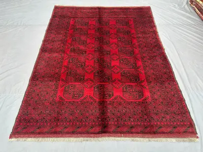 Antique Afghan Bukhara Rug 7x9 Hand-Knotted Wool Carpet | Traditional Geometric Vintage Rug Pilpa Design | Liv