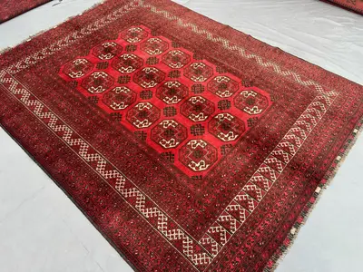 Antique Turkmen Ersari Tribal Rug 6'6" x 8'8" ft Afghan Kunduzi Wool Tekke Rug with Geometric Patterns, Living