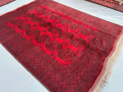6'8x9'4 ft, Antique Afghan Bokhara Rug | Turkmen Red Geometric Pattern Wool Rug | Handmade Vintage Carpet, Mor