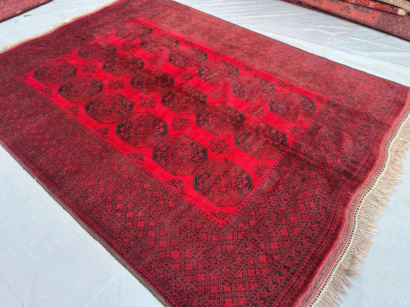 6'8x9'4 ft, Antique Afghan Bokhara Rug | Turkmen Red Geometric Pattern Wool Rug | Handmade Vintage Carpet, Moroccan Rug, Living Room Rug