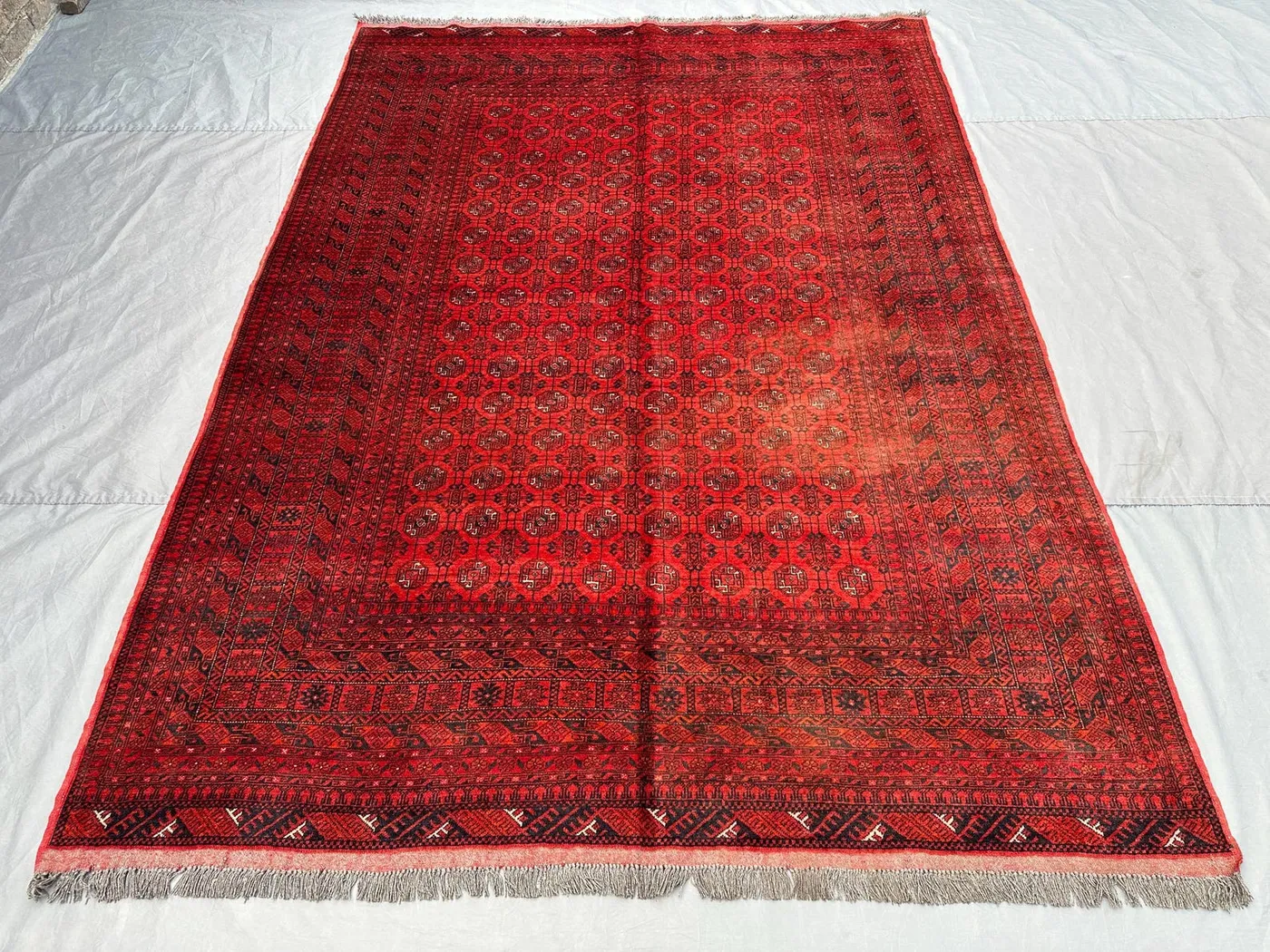 7 x 9 Vintage Afghan Hand Knotted Turkoman Bokhara Rug, Dog Foot Design, Soft Pile, Traditional Red Area rug | living room & farmhouse decor