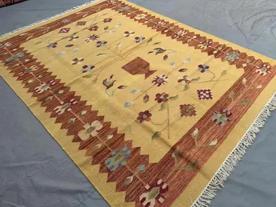 5'8x7'7 ft Vintage Afghan Kilim Rug | Handmade Flat Weave Wool Carpet Floral Pot Design Tribal Boho Area Rug Y