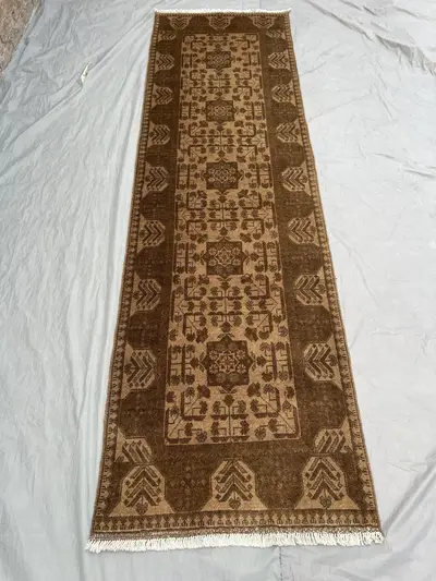 3x10 Vintage Afghan Turkoman Bokhara Runner Rug, Terracotta Faded Wool, Hand-Knotted, Long Hallway Rug, Tribal