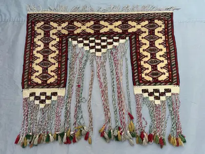 3x4 Vintage Turkmen Jalar Rug | Handwoven Wool | Traditional Tribal Design with Tassels | Geometric Red & Crea
