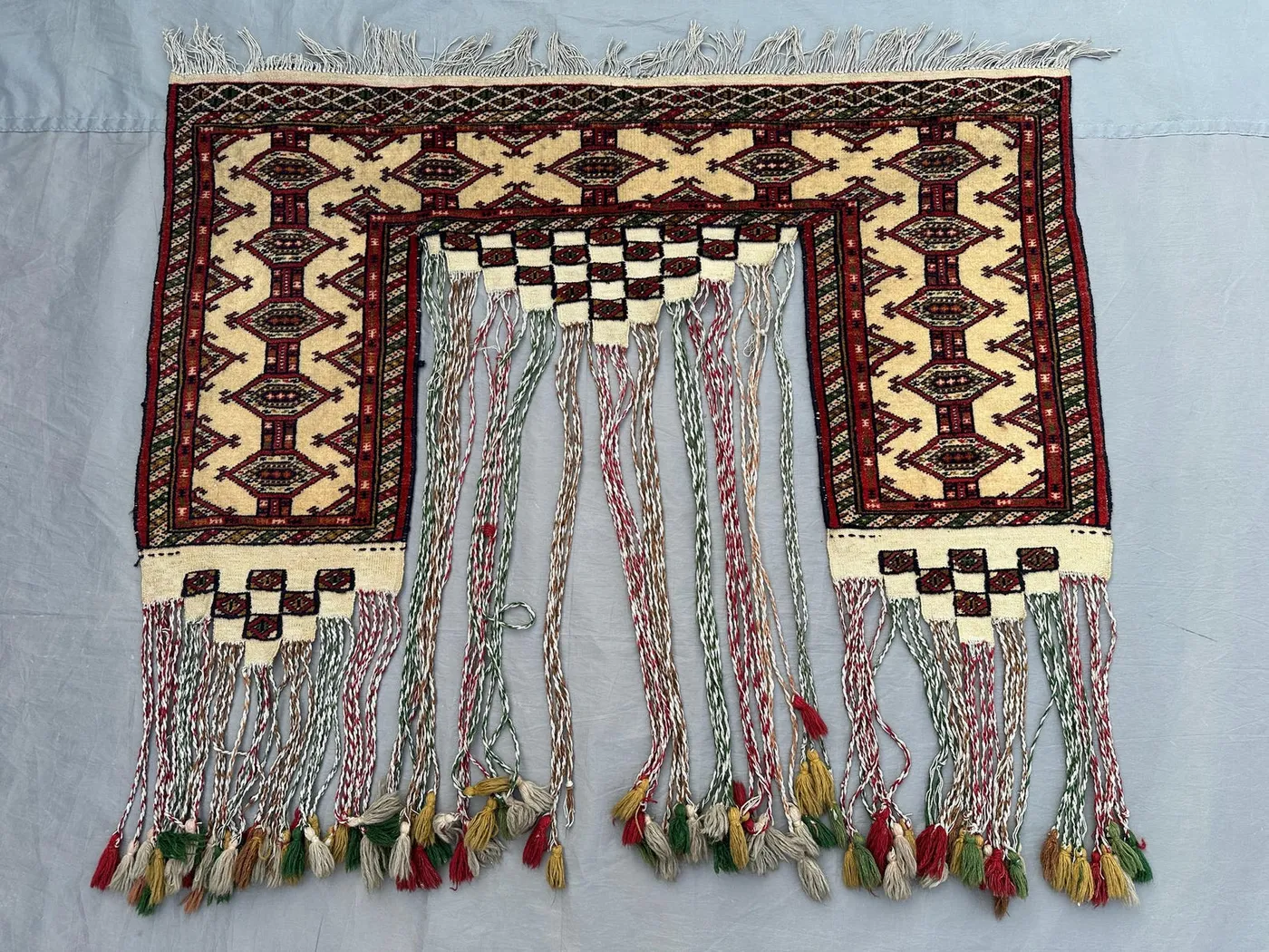 2.5x4.2 ft Vintage Turkmen Jalar Rug | Handwoven Wool | Traditional Tribal Design with Tassels | Geometric Wool Rug | Wall hanging Rug