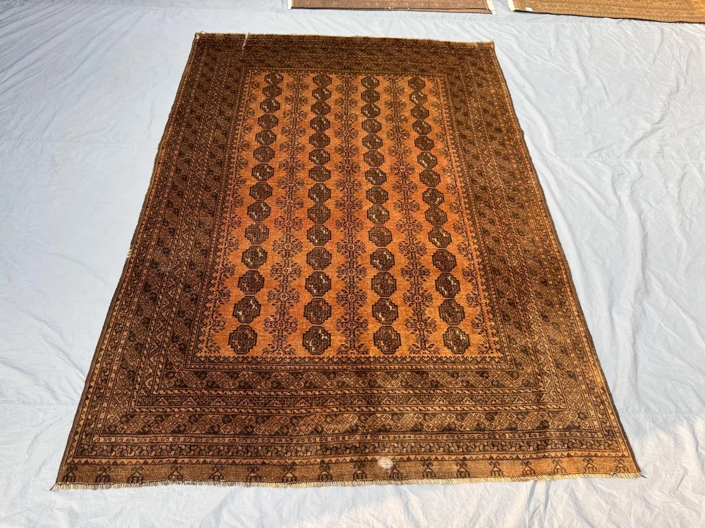 7 x 10 ft Afghan Hand Knotted Vintage Soft Pile Distressed Terracotta Color Faded One of a Kind Turkoman Bokhara Design Rug | Bedroom decor