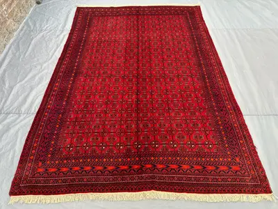 7 x 9 ft Vintage Afghan Hand Knotted Turkoman Bashiri Rug Red Tribal Geometric rug, Soft Pile Large Area Rug |