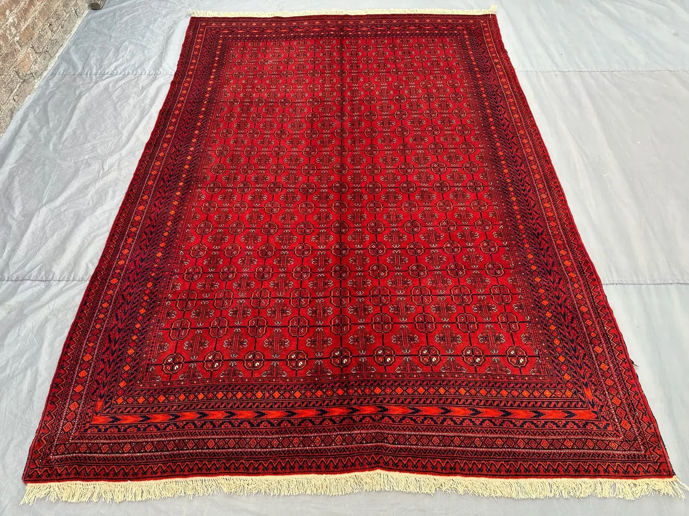 7 x 9 ft Vintage Afghan Hand Knotted Turkoman Bashiri Rug Red Tribal Geometric rug, Soft Pile Large Area Rug | living room & farmhouse decor