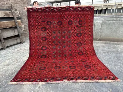 6.4x8.1 ft Antique Turkmen Bukhara Rug | Afghan Hand-Knotted Tribal Tekke Design | Geometric Wool Area Carpet,