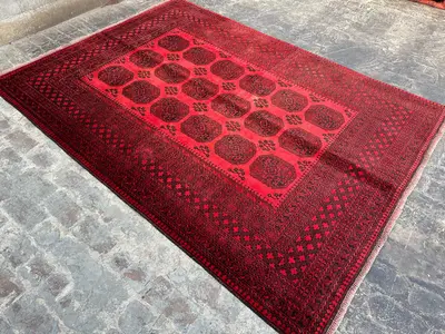 6.9x9.2 ft Antique Turkmen Rug | Hand-Knotted Afghan Carpet | Elephent foot Design | Tribal Wool Area Rug, Liv