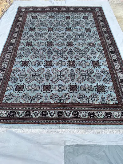 8x12 Blue Afghan Khal Mohammadi Wool Area Rug, Seafoam Brown Burgundy Medallion Turkmen Hand-Knotted Large Liv
