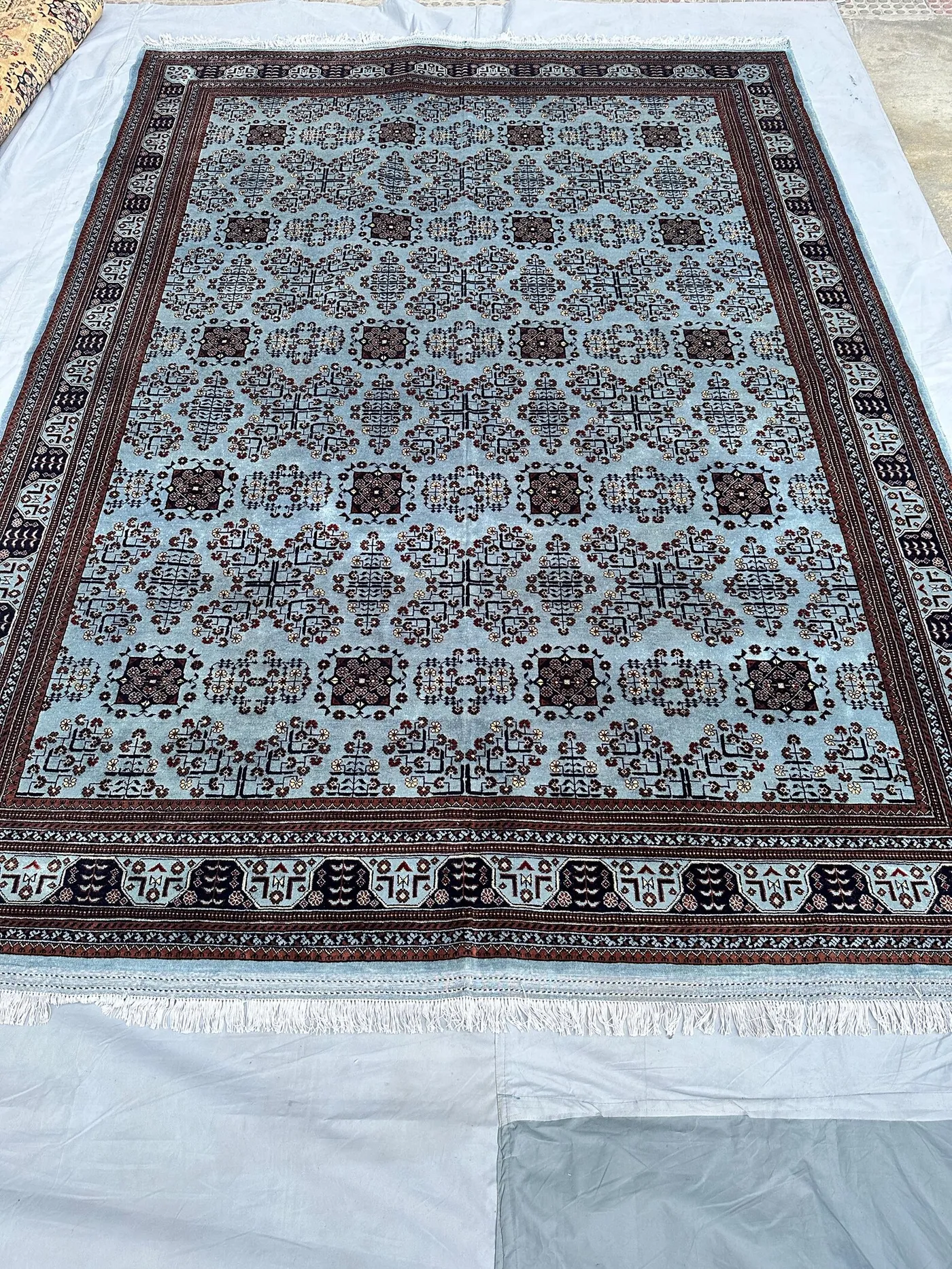 8x12 Blue Afghan Khal Mohammadi Wool Area Rug, Seafoam Brown Burgundy Medallion Turkmen Hand-Knotted Large Living Room Carpet