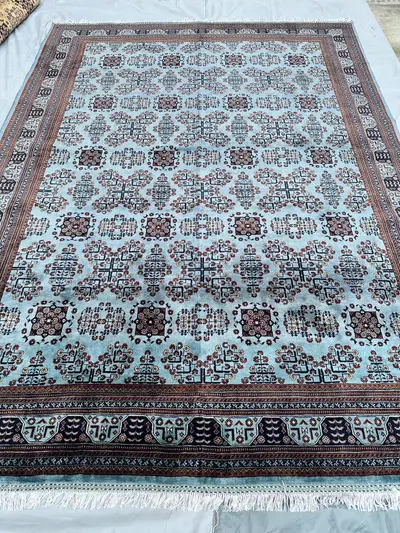 8x12 Blue Afghan Khal Mohammadi Wool Area Rug, Light Blue Navy Copper Medallion Turkmen Hand-Knotted Large Liv