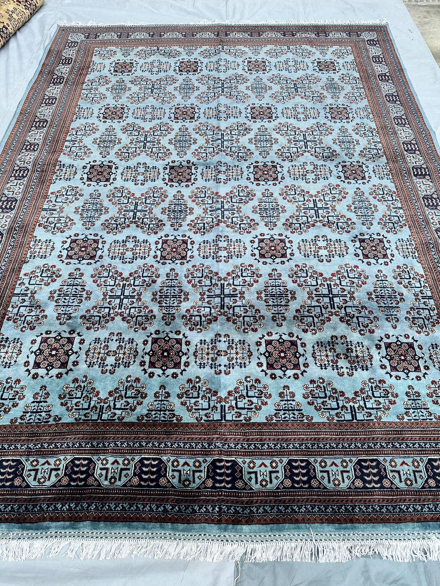 8x12 Blue Afghan Khal Mohammadi Wool Area Rug, Light Blue Navy Copper Medallion Turkmen Hand-Knotted Large Living Room Carpet