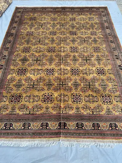8x12 Gold Afghan Khal Mohammadi Wool Area Rug, Camel Beige Salmon Medallion Turkmen Hand-Knotted Large Living 