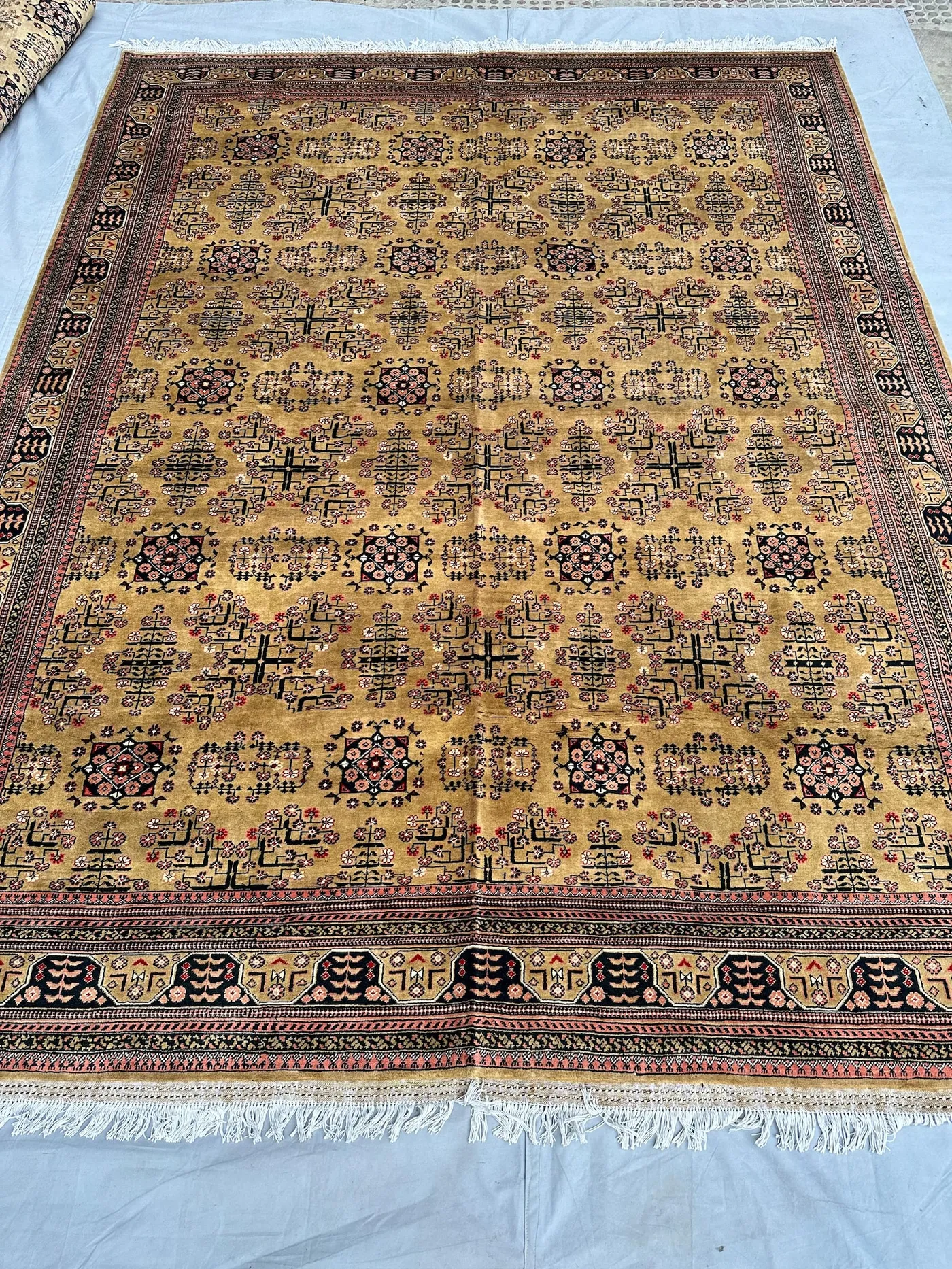 8x12 Gold Afghan Khal Mohammadi Wool Area Rug, Camel Beige Salmon Medallion Turkmen Hand-Knotted Large Living Room Carpet