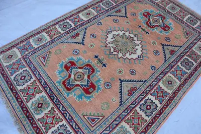 4x5 Modern Oushak Rug – Handmade, Soft Pile, Peach, Red, Blue, Green, 100x150 cm Vintage-Inspired, Cozy Area R