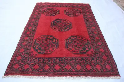 Hand-Knotted Turkmen Bukhara Rug – Red, Geometric Design, 128x176 cm (4'2" x 5'9"), Wool, Traditional and Eleg