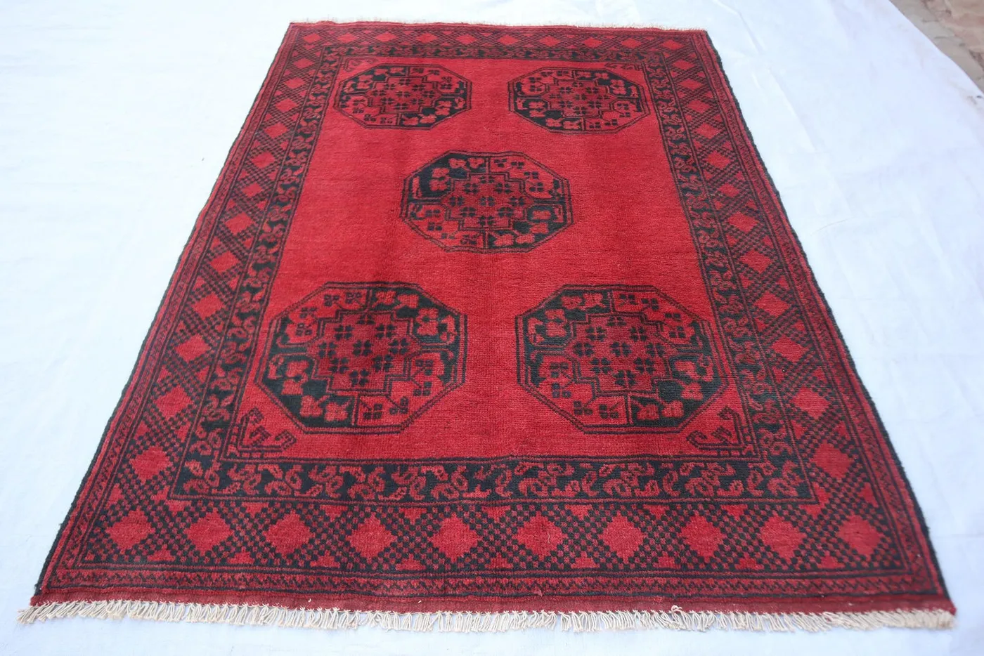 Hand-Knotted Turkmen Bukhara Rug – Red, Geometric Design, 128x176 cm (4'2" x 5'9"), Wool, Traditional and Elegant Home Décor