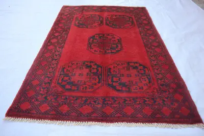 Modern Hand-Knotted Turkmen Bukhara Rug – Red, Geometric Pattern, Moroccan Style, 4x6 Fine Wool Rug, Home Déco