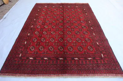Hand-Knotted Turkmen Bukhara Rug – (5'8" x 7'6"), Vintage Design, Fine Wool, Red, Nomadic, Traditional Orienta